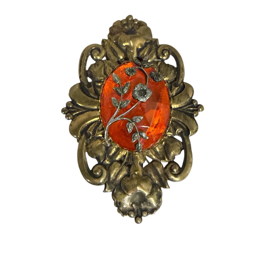 Vintage Ornate Brooch with Orange Gem